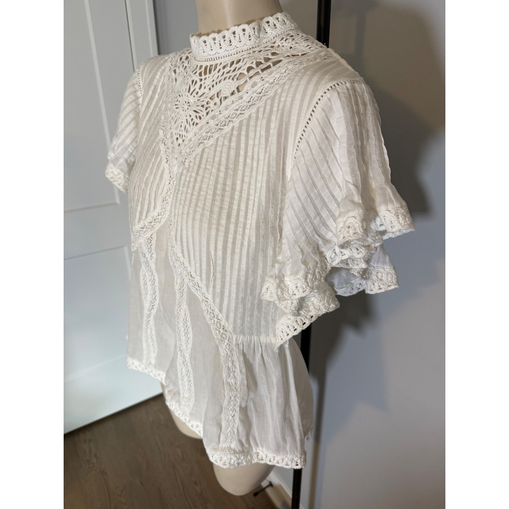 Farm Rio White Cotton Crochet Lace Pintuck Blouse Mock Neck Flutter Sleeve M - Picture 2 of 9